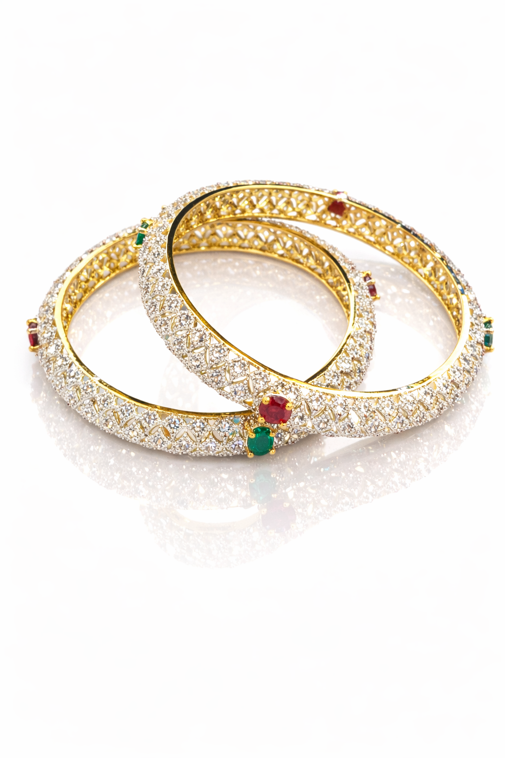Royal Dual-Gem Gold Bangles (Gold with Ruby Red & Emerald Green)