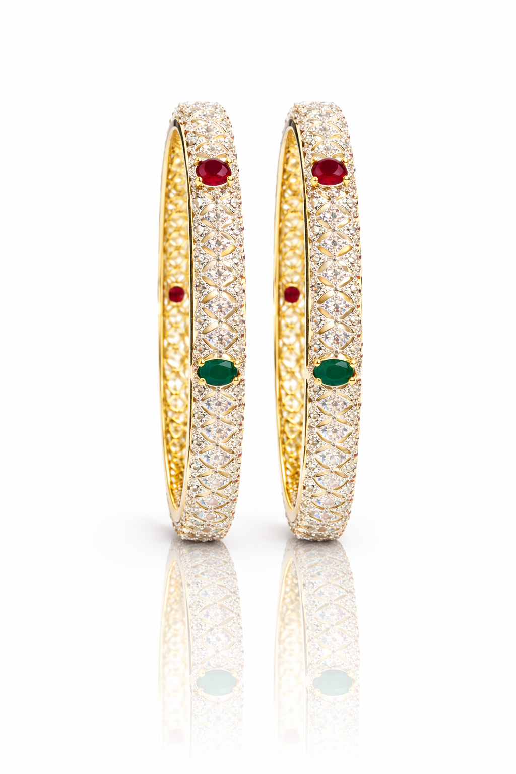 Royal Dual-Gem Gold Bangles (Gold with Ruby Red & Emerald Green)