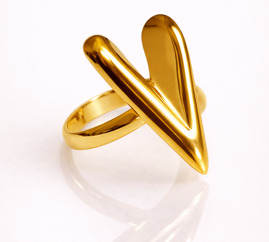 Golden V-Heart Statement Ring