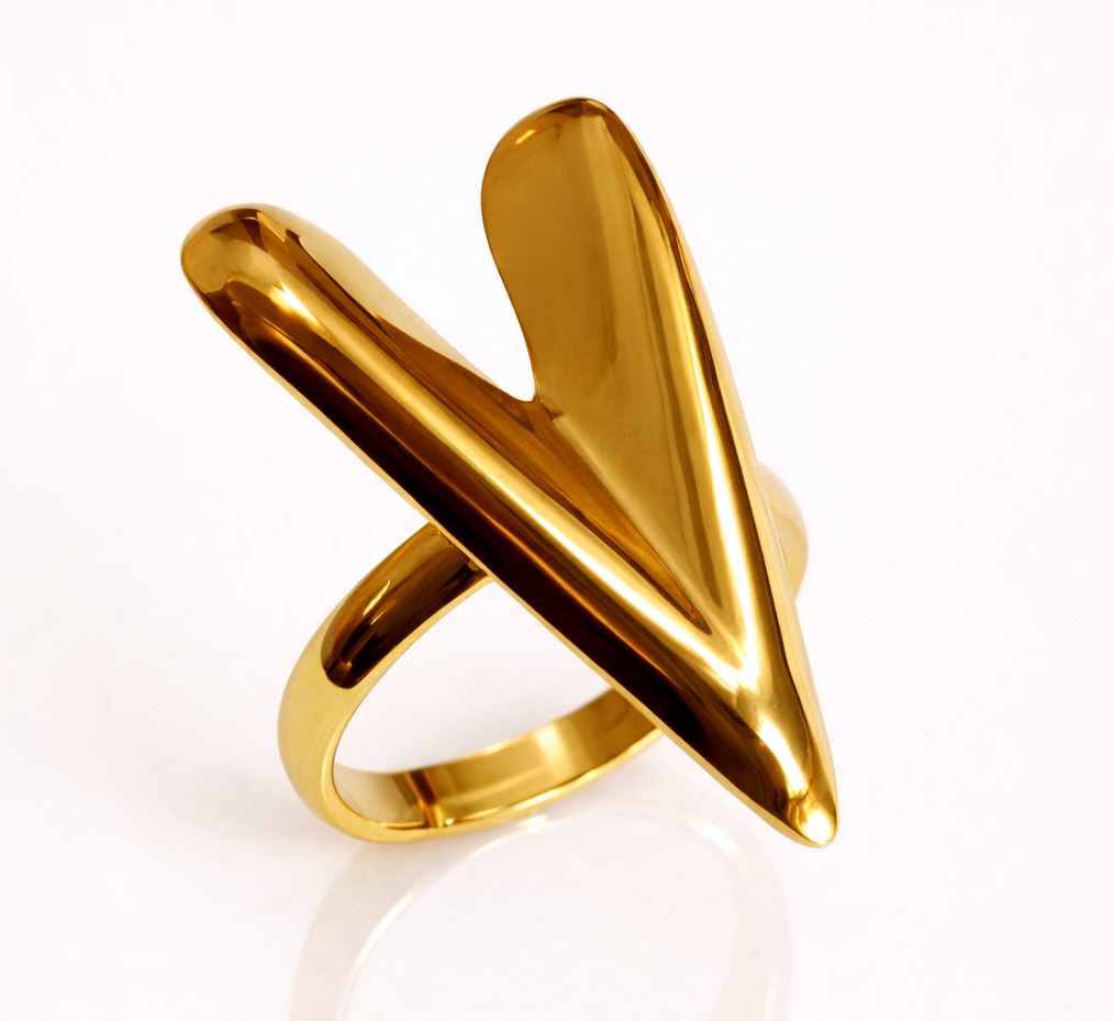 Golden V-Heart Statement Ring
